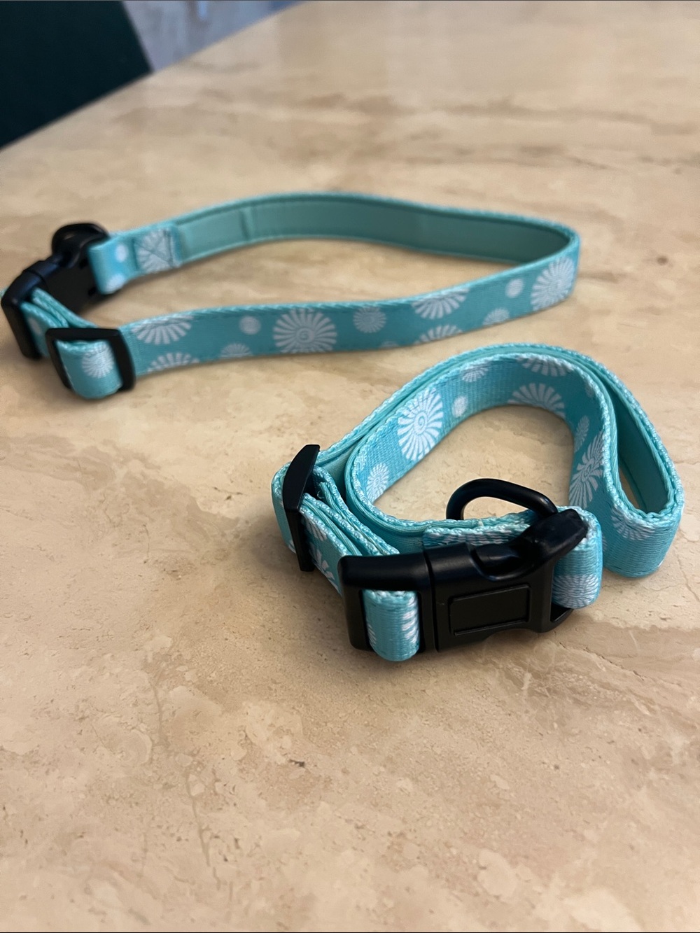 Dog collars featuring a white daisy pattern & black plastic quick-release buckle